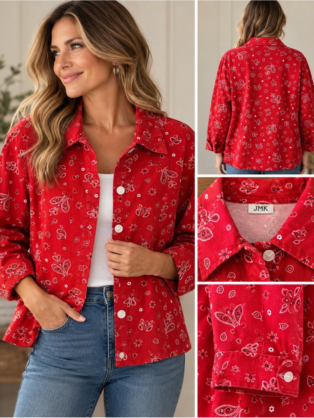 JMK Red Bandana Paisley Button Front Shirt Jacket 100% Cotton Western